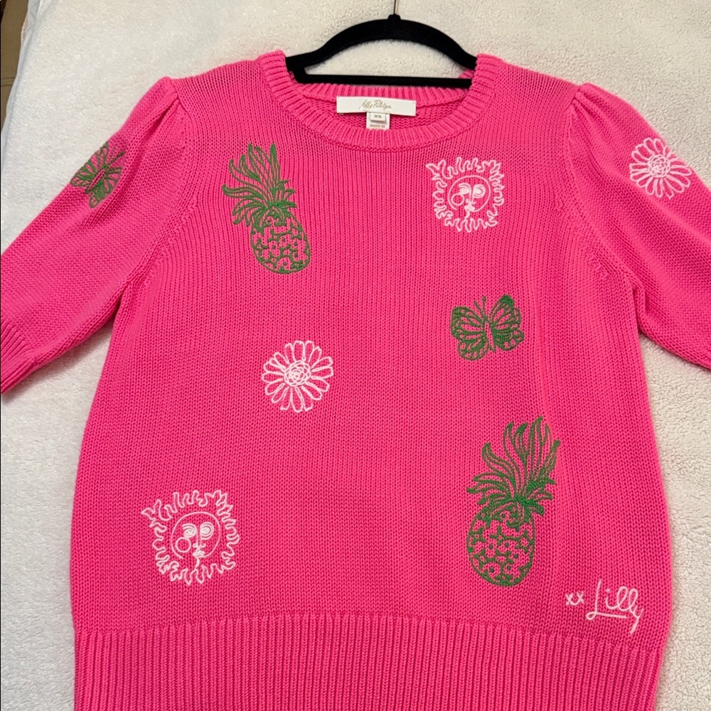 Lilly Pulitzer Embroidered Short Sleeve Sweater in Cherry Blossom Pink